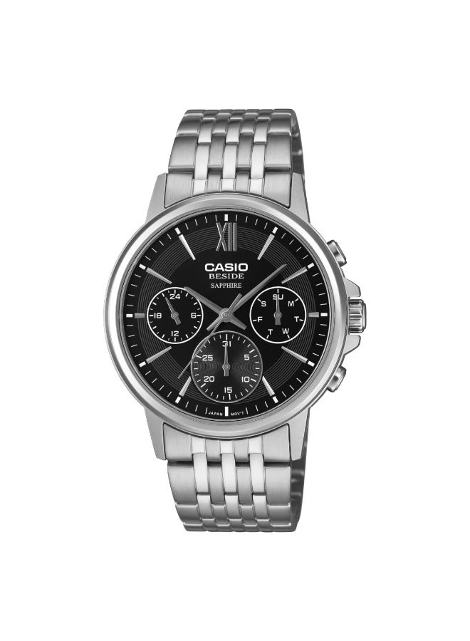 كاسيو Beside Analog Men's Watch BMS-300D-1AVDF, 46mm Black Dial, Silver Stainless Case & Strap, 50 m WR - Image 1